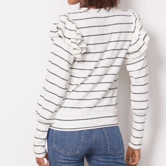 EVEREVE Ruffle Puff Sleeve Stripe Knit Sweater Top Black White size Large - Picture 3 of 9